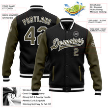 Charger l'image dans la galerie, Custom Black Olive-White Bomber Full-Snap Varsity Letterman Two Tone Jacket