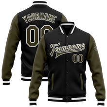 Charger l'image dans la galerie, Custom Black Olive-White Bomber Full-Snap Varsity Letterman Two Tone Jacket
