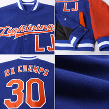 Laden Sie das Bild in den Galerie-Viewer, Custom Royal Texas Orange-White Bomber Full-Snap Varsity Letterman Two Tone Jacket