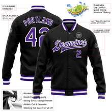 Загрузить изображение в средство просмотра галереи, Custom Black Purple-White Bomber Full-Snap Varsity Letterman Jacket