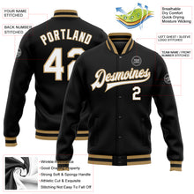 Charger l'image dans la galerie, Custom Black White-Old Gold Bomber Full-Snap Varsity Letterman Jacket