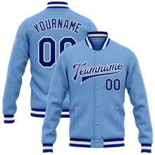 Load image into Gallery viewer, Custom Light Blue Royal-White Bomber Full-Snap Varsity Letterman Jacket