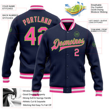 Загрузить изображение в средство просмотра галереи, Custom Navy Pink-Neon Green Bomber Full-Snap Varsity Letterman Jacket