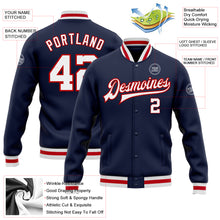 Загрузить изображение в средство просмотра галереи, Custom Navy White-Red Bomber Full-Snap Varsity Letterman Jacket