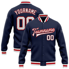 Загрузить изображение в средство просмотра галереи, Custom Navy White-Red Bomber Full-Snap Varsity Letterman Jacket