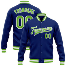 Laden Sie das Bild in den Galerie-Viewer, Custom Royal Neon Green-White Bomber Full-Snap Varsity Letterman Jacket