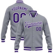 Laden Sie das Bild in den Galerie-Viewer, Custom Gray Purple-White Bomber Full-Snap Varsity Letterman Jacket