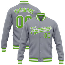 Charger l'image dans la galerie, Custom Gray Neon Green-White Bomber Full-Snap Varsity Letterman Jacket