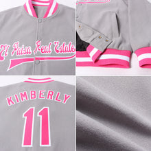 Charger l'image dans la galerie, Custom Gray Pink-White Bomber Full-Snap Varsity Letterman Jacket