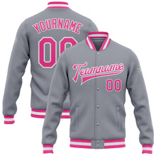 Charger l'image dans la galerie, Custom Gray Pink-White Bomber Full-Snap Varsity Letterman Jacket