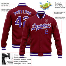 Laden Sie das Bild in den Galerie-Viewer, Custom Crimson Purple-White Bomber Full-Snap Varsity Letterman Jacket