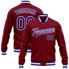 Laden Sie das Bild in den Galerie-Viewer, Custom Crimson Purple-White Bomber Full-Snap Varsity Letterman Jacket