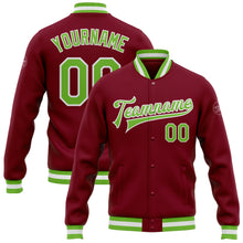 Загрузить изображение в средство просмотра галереи, Custom Crimson Neon Green-White Bomber Full-Snap Varsity Letterman Jacket