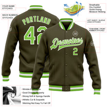 Laden Sie das Bild in den Galerie-Viewer, Custom Olive Neon Green-White Bomber Full-Snap Varsity Letterman Salute To Service Jacket