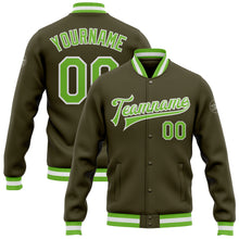 Laden Sie das Bild in den Galerie-Viewer, Custom Olive Neon Green-White Bomber Full-Snap Varsity Letterman Salute To Service Jacket
