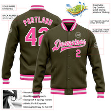 Laden Sie das Bild in den Galerie-Viewer, Custom Olive Pink-White Bomber Full-Snap Varsity Letterman Salute To Service Jacket