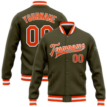 Laden Sie das Bild in den Galerie-Viewer, Custom Olive Orange-White Bomber Full-Snap Varsity Letterman Salute To Service Jacket