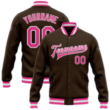 Load image into Gallery viewer, Custom Brown Pink-White Bomber Full-Snap Varsity Letterman Jacket