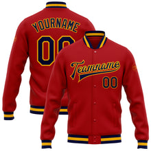 Загрузить изображение в средство просмотра галереи, Custom Red Navy-Gold Bomber Full-Snap Varsity Letterman Jacket