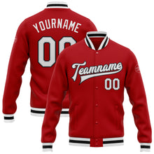 Charger l'image dans la galerie, Custom Red White Gray-Black Bomber Full-Snap Varsity Letterman Jacket