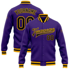 Charger l'image dans la galerie, Custom Purple Black-Gold Bomber Full-Snap Varsity Letterman Jacket