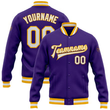 Charger l'image dans la galerie, Custom Purple White-Gold Bomber Full-Snap Varsity Letterman Jacket