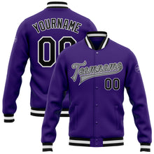 Charger l'image dans la galerie, Custom Purple Black-Gray Bomber Full-Snap Varsity Letterman Jacket