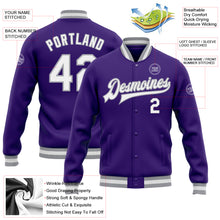 Charger l'image dans la galerie, Custom Purple White-Gray Bomber Full-Snap Varsity Letterman Jacket