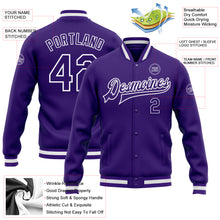Charger l'image dans la galerie, Custom Purple Purple-White Bomber Full-Snap Varsity Letterman Jacket