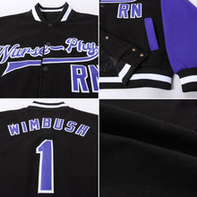 Laden Sie das Bild in den Galerie-Viewer, Custom Black Purple-White Bomber Full-Snap Varsity Letterman Two Tone Jacket