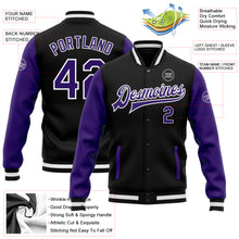 Laden Sie das Bild in den Galerie-Viewer, Custom Black Purple-White Bomber Full-Snap Varsity Letterman Two Tone Jacket