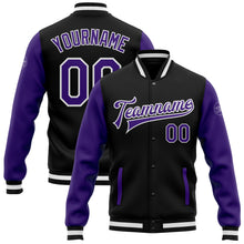 Laden Sie das Bild in den Galerie-Viewer, Custom Black Purple-White Bomber Full-Snap Varsity Letterman Two Tone Jacket