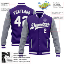 Charger l'image dans la galerie, Custom Purple White-Gray Bomber Full-Snap Varsity Letterman Two Tone Jacket