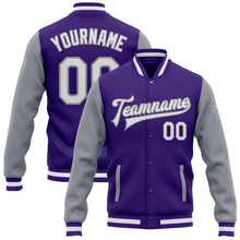 Charger l'image dans la galerie, Custom Purple White-Gray Bomber Full-Snap Varsity Letterman Two Tone Jacket