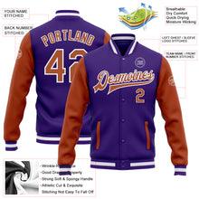 Charger l'image dans la galerie, Custom Purple Texas Orange-White Bomber Full-Snap Varsity Letterman Two Tone Jacket