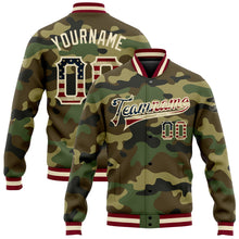 Laden Sie das Bild in den Galerie-Viewer, Custom Camo Vintage USA Flag Cream-Maroon Bomber Full-Snap Varsity Letterman Salute To Service Jacket