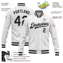 Laden Sie das Bild in den Galerie-Viewer, Custom White Black Pinstripe Black-Gray Bomber Full-Snap Varsity Letterman Jacket