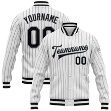 Laden Sie das Bild in den Galerie-Viewer, Custom White Black Pinstripe Black-Gray Bomber Full-Snap Varsity Letterman Jacket
