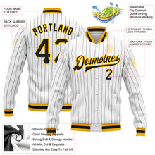 Laden Sie das Bild in den Galerie-Viewer, Custom White Black Pinstripe Black-Gold Bomber Full-Snap Varsity Letterman Jacket