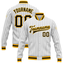 Laden Sie das Bild in den Galerie-Viewer, Custom White Black Pinstripe Black-Gold Bomber Full-Snap Varsity Letterman Jacket
