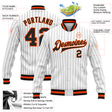 Laden Sie das Bild in den Galerie-Viewer, Custom White Black Pinstripe Black-Orange Bomber Full-Snap Varsity Letterman Jacket