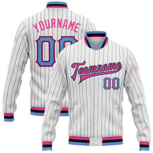 Laden Sie das Bild in den Galerie-Viewer, Custom White Black Pinstripe Light Blue Black-Pink Bomber Full-Snap Varsity Letterman Jacket
