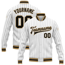Laden Sie das Bild in den Galerie-Viewer, Custom White Black Pinstripe Black-Old Gold Bomber Full-Snap Varsity Letterman Jacket