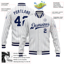 Laden Sie das Bild in den Galerie-Viewer, Custom White Navy Pinstripe Navy-White Bomber Full-Snap Varsity Letterman Jacket