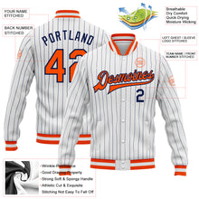 Laden Sie das Bild in den Galerie-Viewer, Custom White Navy Pinstripe Orange-Navy Bomber Full-Snap Varsity Letterman Jacket