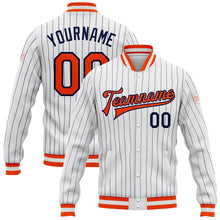 Laden Sie das Bild in den Galerie-Viewer, Custom White Navy Pinstripe Orange-Navy Bomber Full-Snap Varsity Letterman Jacket