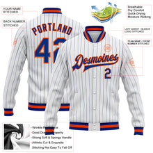 Laden Sie das Bild in den Galerie-Viewer, Custom White Royal Pinstripe Royal-Orange Bomber Full-Snap Varsity Letterman Jacket