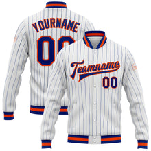 Laden Sie das Bild in den Galerie-Viewer, Custom White Royal Pinstripe Royal-Orange Bomber Full-Snap Varsity Letterman Jacket