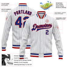 Laden Sie das Bild in den Galerie-Viewer, Custom White Royal Pinstripe Royal-Red Bomber Full-Snap Varsity Letterman Jacket