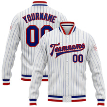 Laden Sie das Bild in den Galerie-Viewer, Custom White Royal Pinstripe Royal-Red Bomber Full-Snap Varsity Letterman Jacket